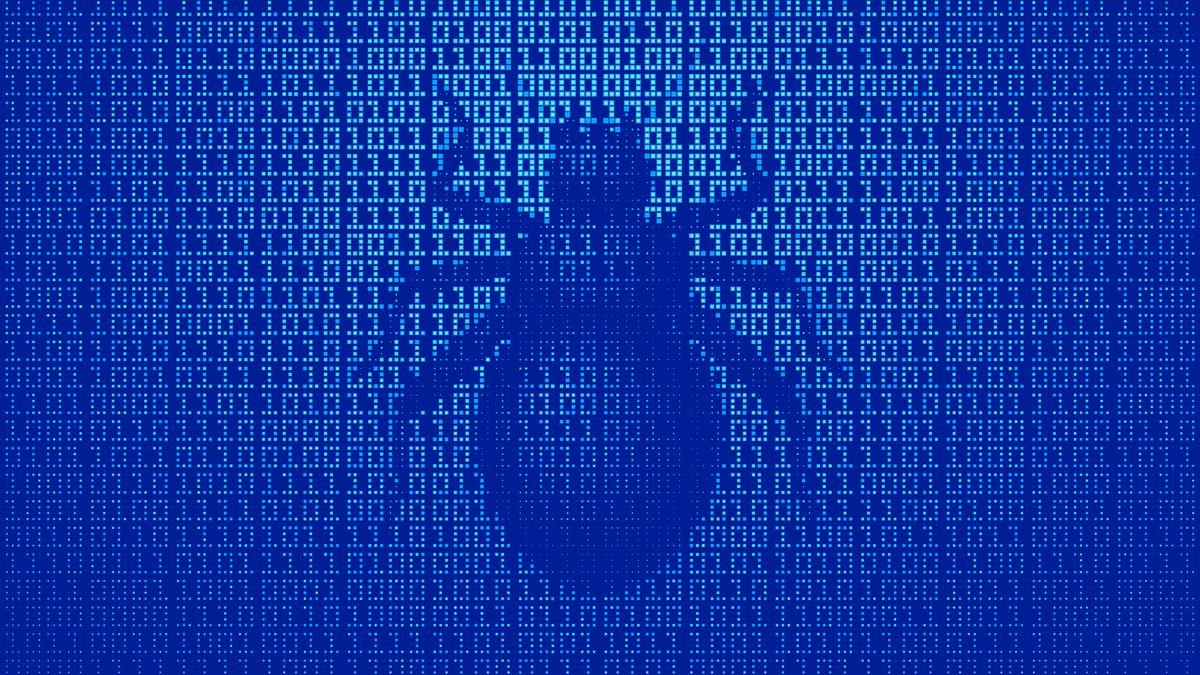 A depiction of a bug on a blue binary background