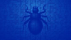 A depiction of a bug on a blue binary background