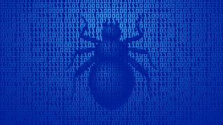 A depiction of a bug on a blue binary background