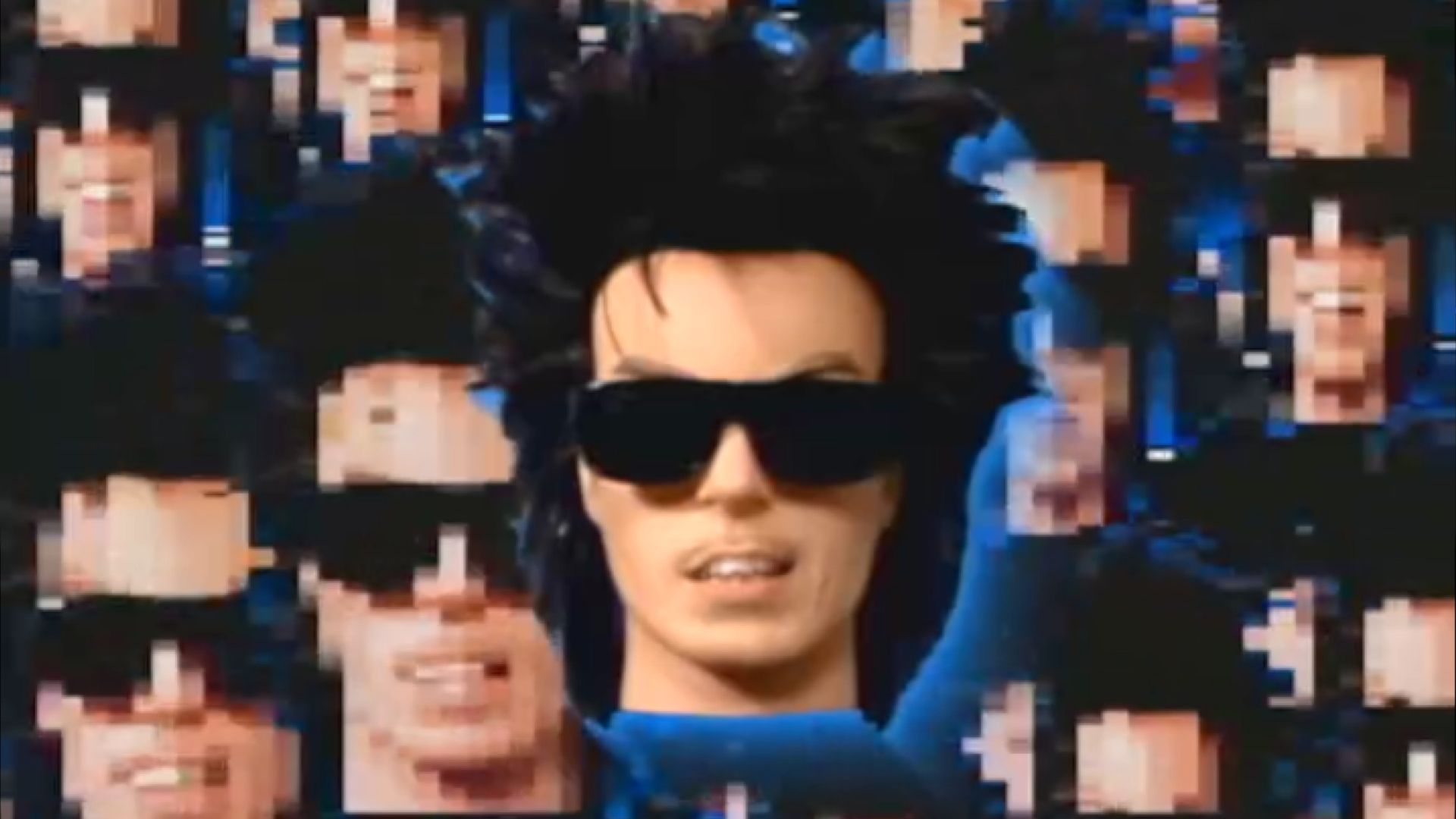A floating head in sunglasses, surrounded by pixelated versions of the same image