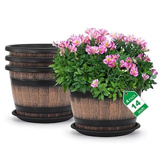 Quarut Large Plastic 4 Pack14 Inch Plant Pots,whiskey Barrel Planters With Drainage Holes & Saucer.flower Pots Imitation Wine Barrel Design for Indoor & Outdoor Garden Balcony Plants.5 Gallons(brown)