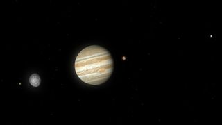 a large gas giant hangs left of center surrounded by smaller moons.