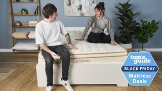 Two people sit on the Saatva Classic Mattress in a bedroom, a Tom's Guide Black Friday mattress deals graphic (right)