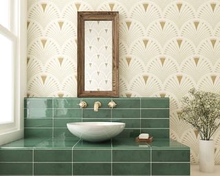 Emerald green wall tiles in cream and gold bathroom by Tile Mountain