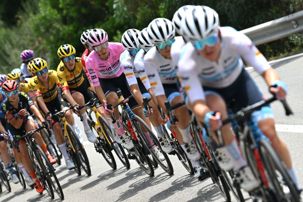OLBIA ITALY JULY 02 Elisa Balsamo of Italy and Team Trek Segafredo Pink Leader Jersey competes during the 33rd Giro dItalia Donne 2022 Stage 3 a 1134km stage from Cala Gonone to Olbia GiroDonne UCIWWT on July 02 2022 in Olbia Italy Photo by Dario BelingheriGetty Images
