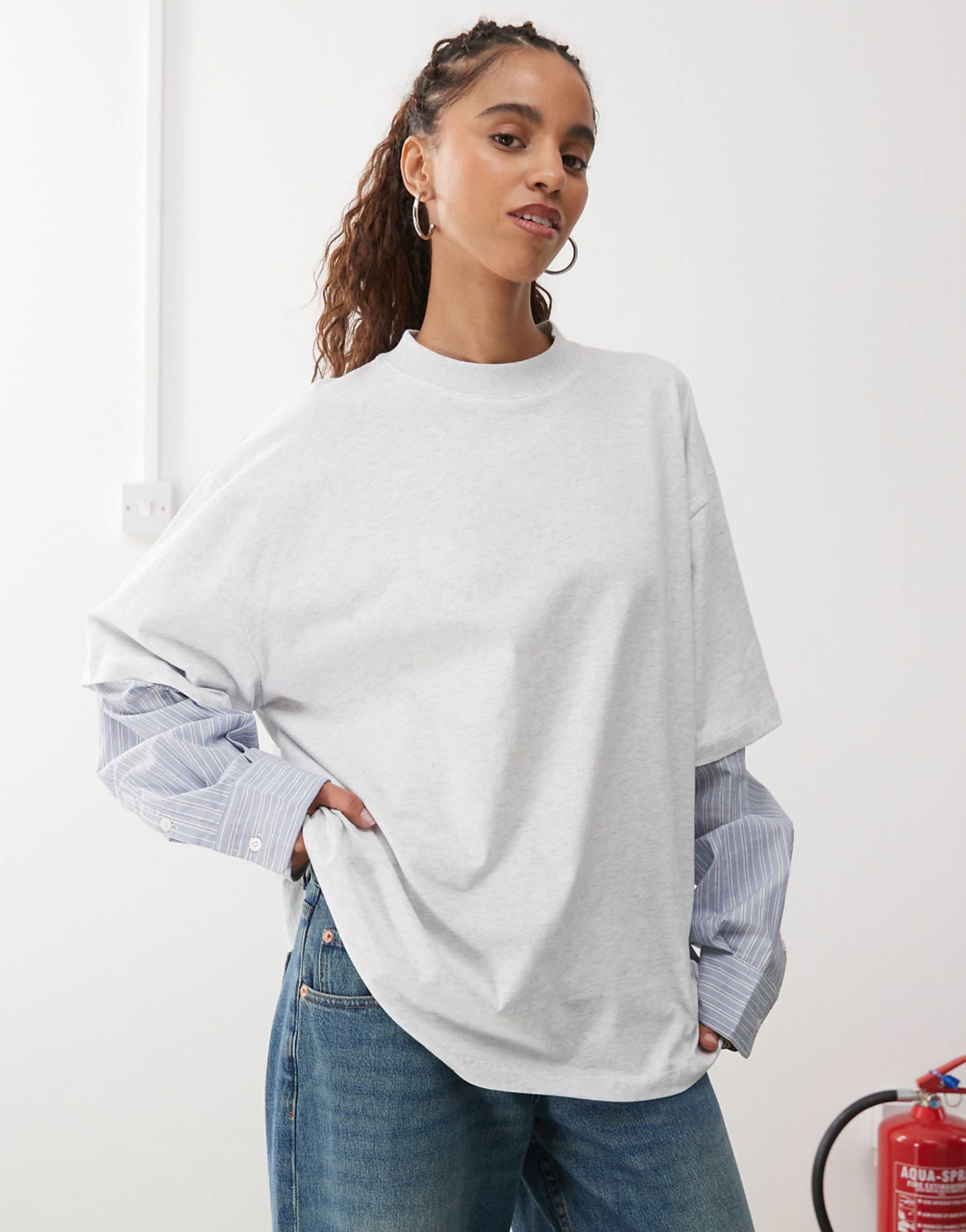 Lioness 2 in 1 Oversized T-Shirt Overlay and Striped Long Sleeve Shirt in Grey and Blue Stripe