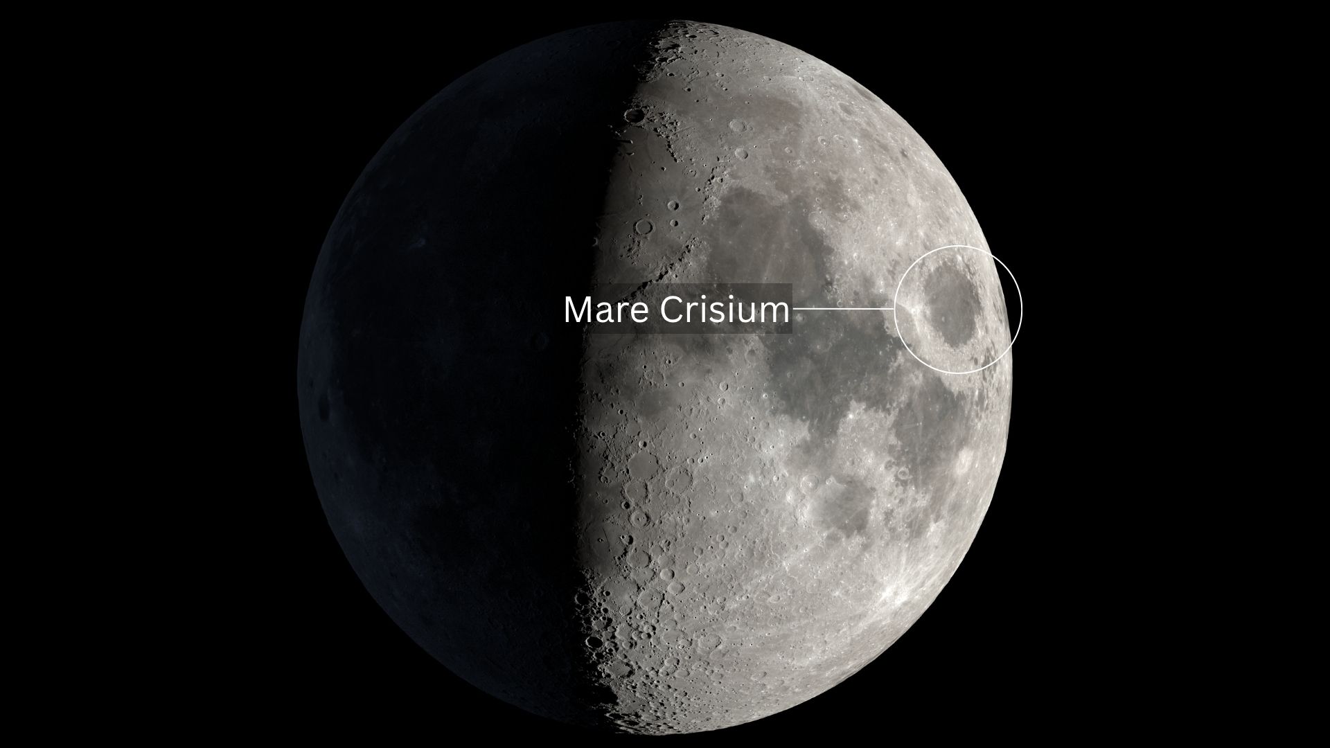 A graphic of a half lit moon is shown in a black sky with a white circle showing the location of the Mare Crisium lunar sea.