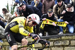 Team Visma-Lease a Bike Belgium´s Wout van Aert in action on the Muur of Geraardsbergen during during the 80th edition of the men's one-day cycling race Omloop Het Nieuwsblad (UCI World Tour), 197km from Gent to Ninove, on March 1, 2025. (Photo by JASPER JACOBS / Belga / AFP) / Belgium OUT (Photo by JASPER JACOBS/Belga/AFP via Getty Images)