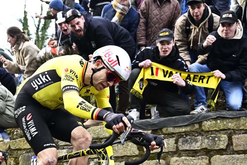 Team Visma-Lease a Bike Belgium´s Wout van Aert in action on the Muur of Geraardsbergen during during the 80th edition of the men&#039;s one-day cycling race Omloop Het Nieuwsblad (UCI World Tour), 197km from Gent to Ninove, on March 1, 2025. (Photo by JASPER JACOBS / Belga / AFP) / Belgium OUT (Photo by JASPER JACOBS/Belga/AFP via Getty Images)