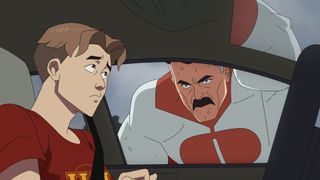 Omni-Man mira fijamente a William sentado en su coche en Invincible temporada 1