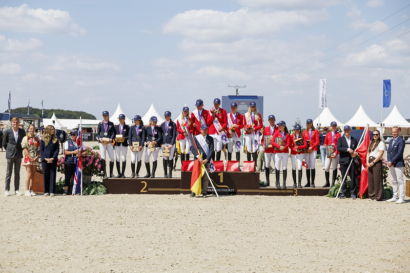 Gold, silver and bronze team medallists in the Junior European Showjumping Championships in Hagen, Germany