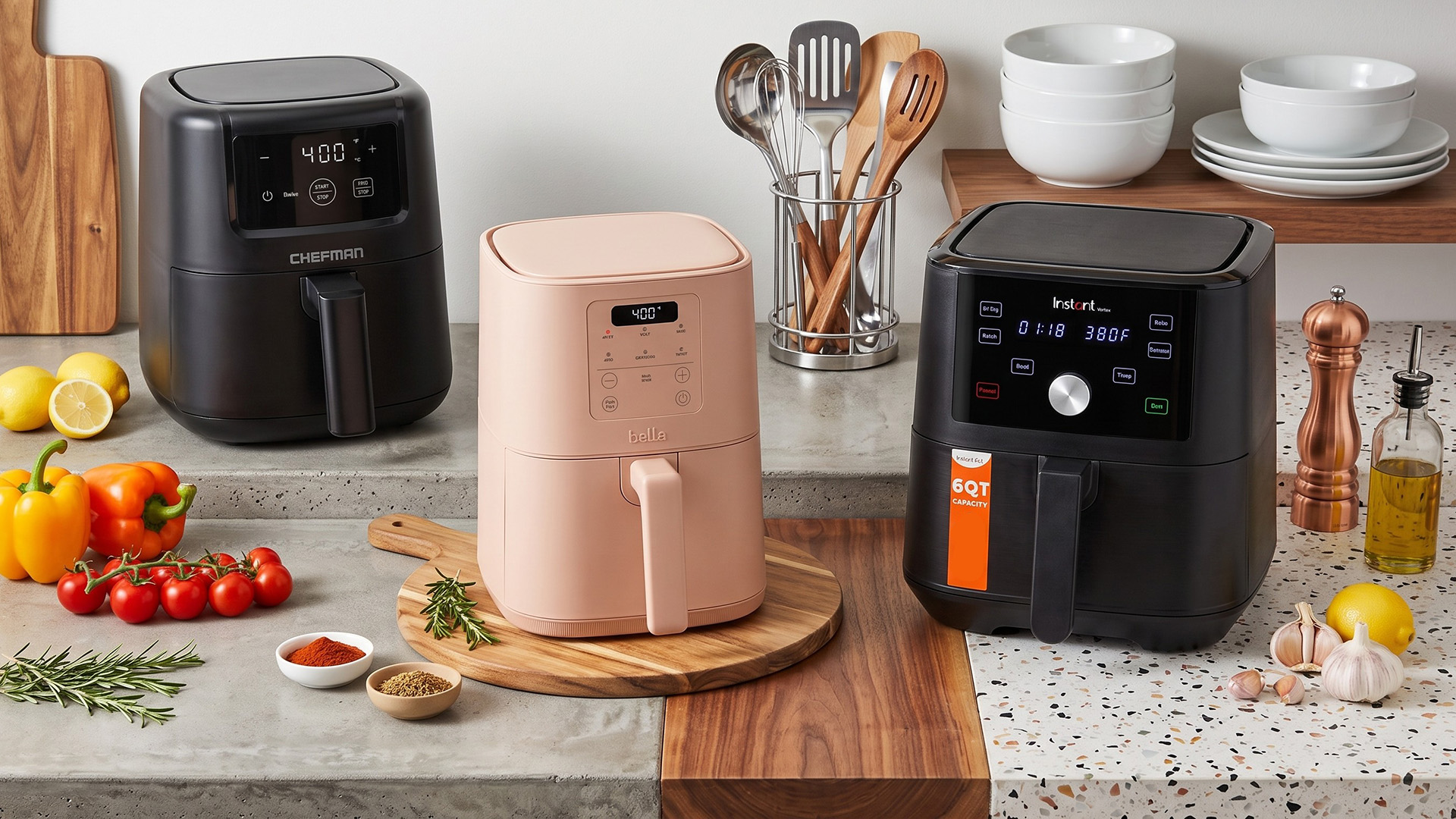 A selection of air fryers in the kitchen.