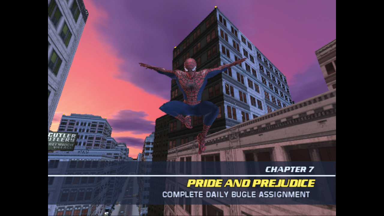 The intro card to Chapter 7: Pride and Prejudice, from Retro Gamer's Making of Spider-Man 2: The Game, challenging Peter Parker to complete his Daily Bugle assignment