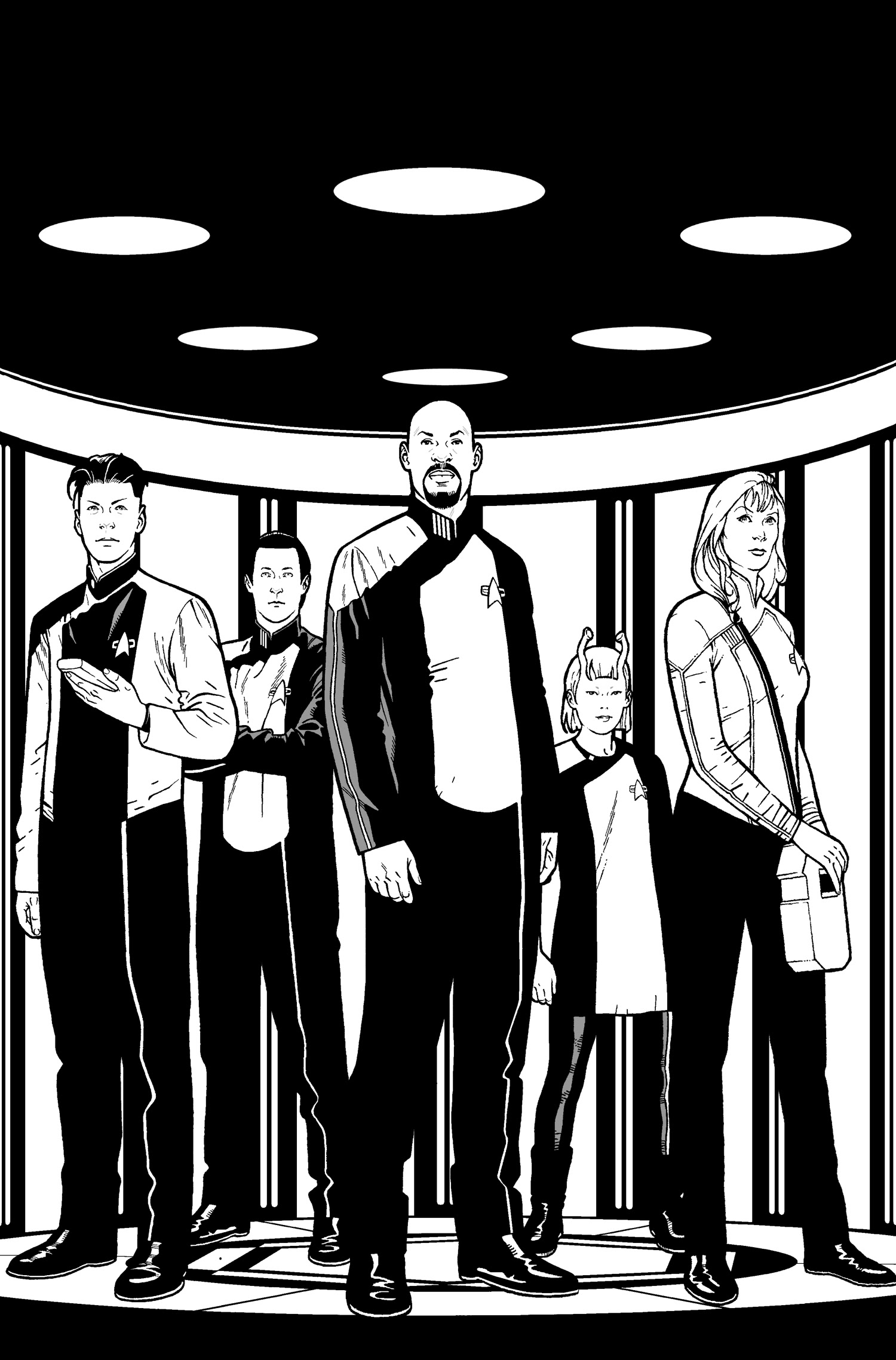 Several Star Trek characters stand in a transporter, a fictional teleportation device.