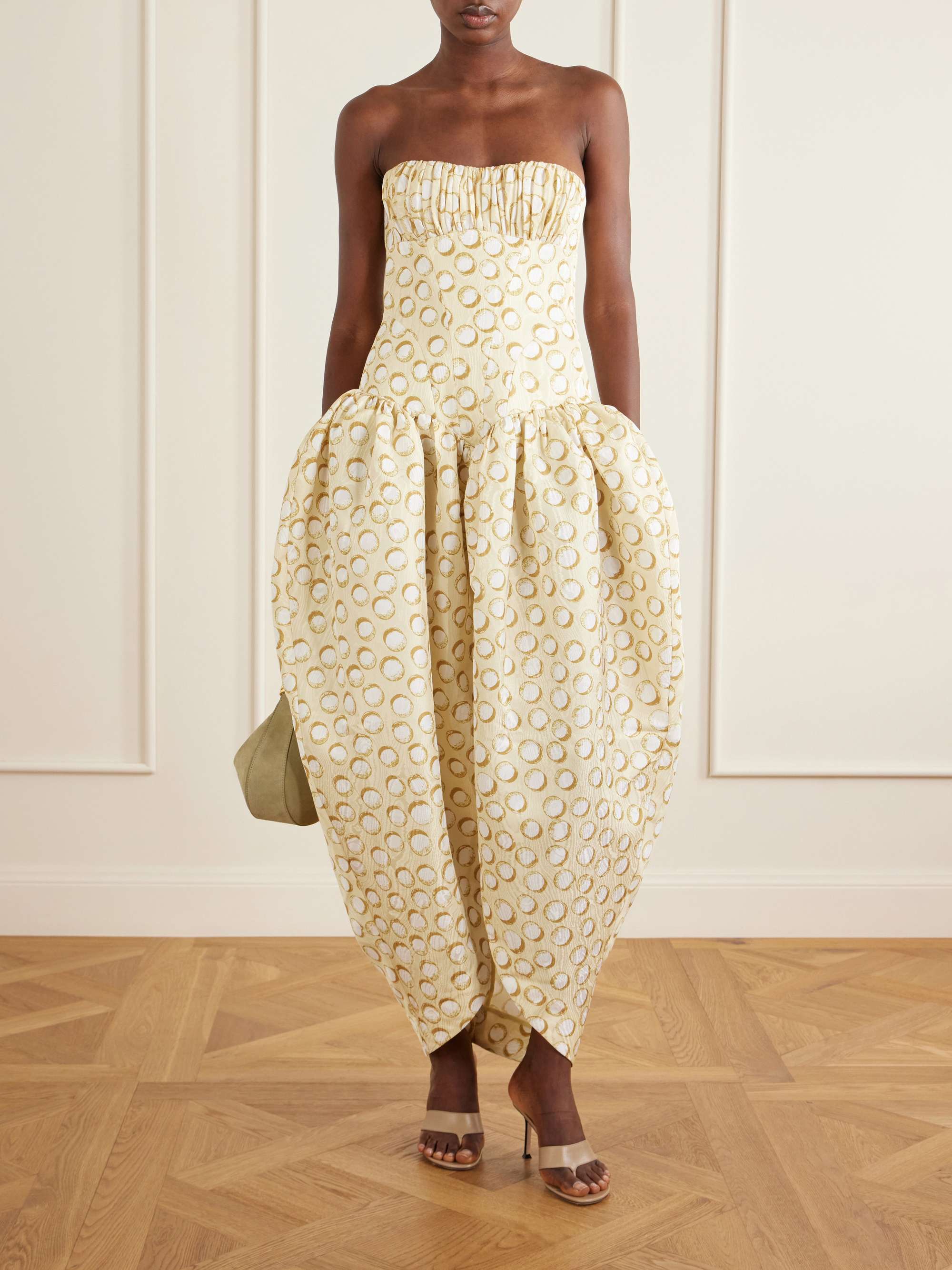 Paula Ruched Printed Brocade Gown