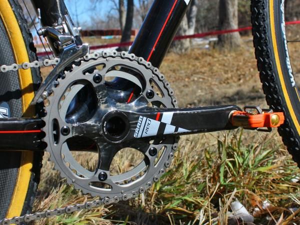 The SRAM Red BB30 crank is lighter than the standard GXP version and also provides more ankle clearance.