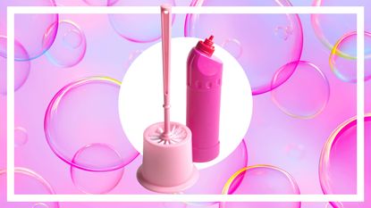 Pink toilet cleaner and toilet brush with bubble background