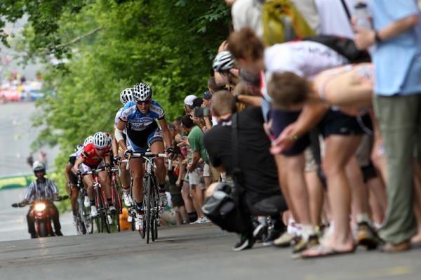 Kristin Armstrong (Peanut Butter &amp; Co) leading the women up the climb.
