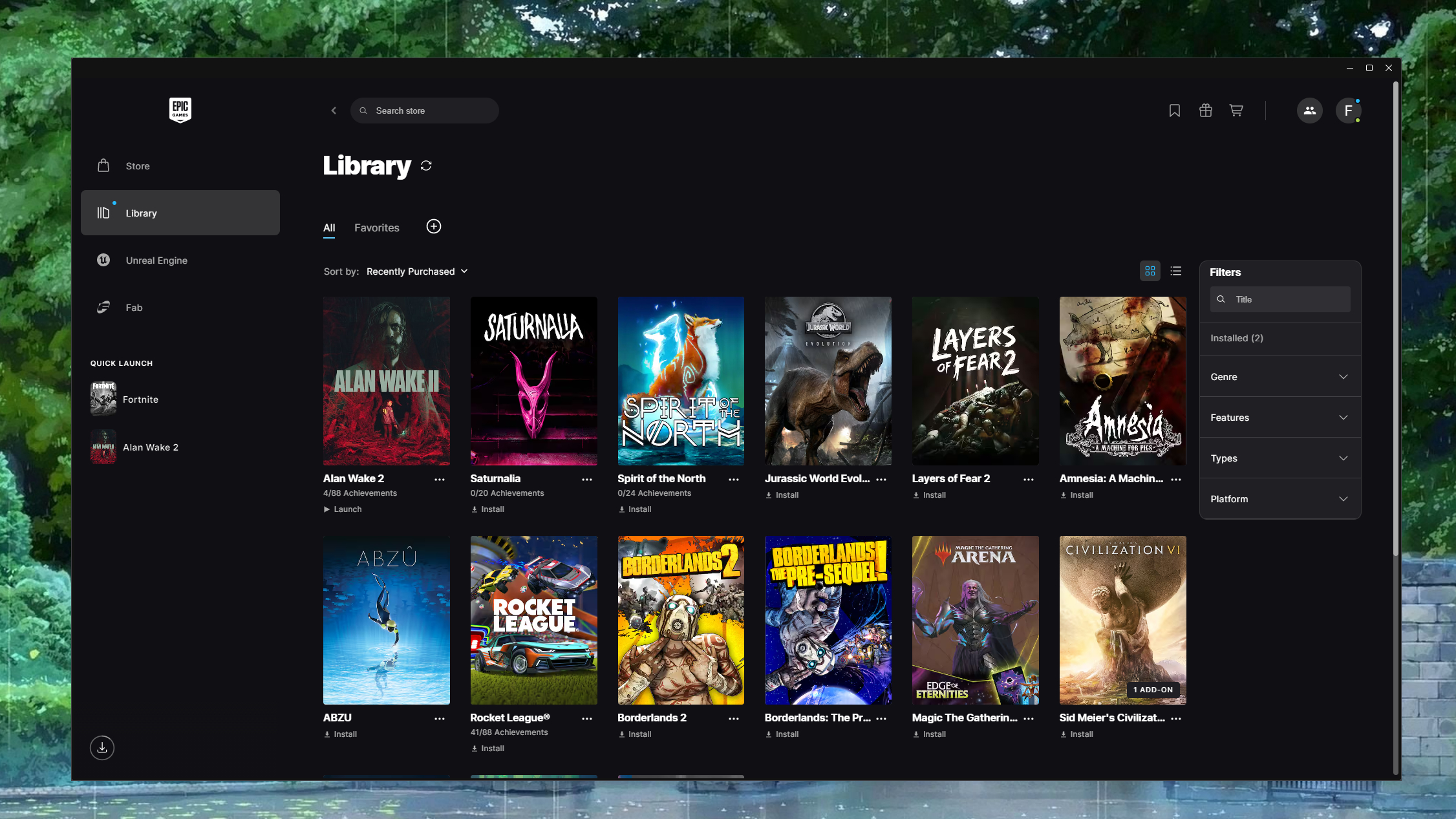 A screenshot of my very own Epic Games Launcher library.