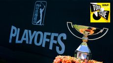 The FedExCup trophy in front of a PGA Tour Playoffs logo and a yellow Golf Monthly Tour Issue podcast logo top-right