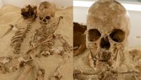 Two pictures showing the Stone Age skeletons of two females in an embraced position.