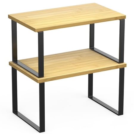 Gped Kitchen Counter Shelves, Set of 2 Cabinet Organizer Shelf, Stacked Spice Rack, Expandable Kitchen Counter Organizer Shelves for Spice Rack Desk Organizer, Metal and Bamboo