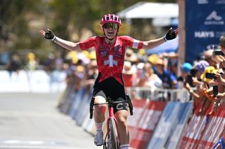 WILLUNGA HILL AUSTRALIA JANUARY 18 Noemi Ruegg of Switzerland and Team EF EducationOatly celebrates at finish line as stage winner during the 9th Santos Womens Tour Down Under 2025 Stage 2 a 115km stage from Unley to Willunga Hill 370m on January 18 2025 in Willunga Hill Australia Photo by Dario BelingheriGetty Images