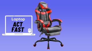 Red and black seenda gaming chair against blue gradient background