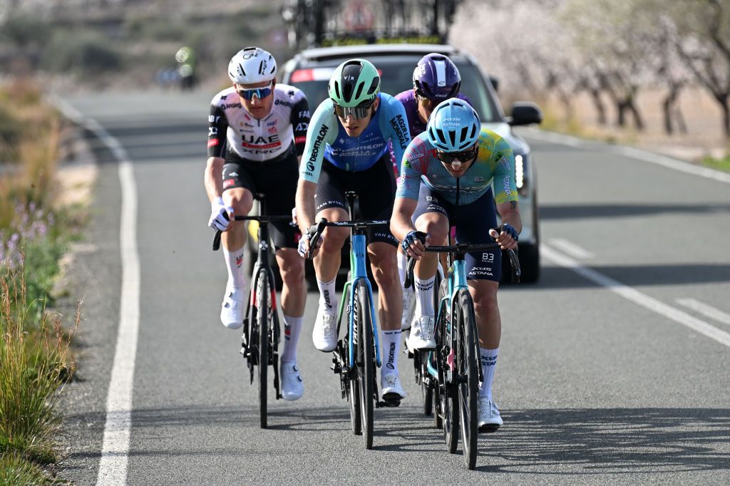 MURCIA SPAIN FEBRUARY 15 LR Tim Wellens of Belgium and Team UAE Team Emirates XRG Clement Berthet of France and Team Decathlon AG2R La Mondiale and Simone Velasco of Italy and Team XDS Astana compete in the breakaway during the 45th Vuelta Ciclista a la Regin de Murcia Costa Calida 2025 a 1996km one day race from Jumilla to Murcia on February 15 2025 in Murcia Spain Photo by Tim de WaeleGetty Images