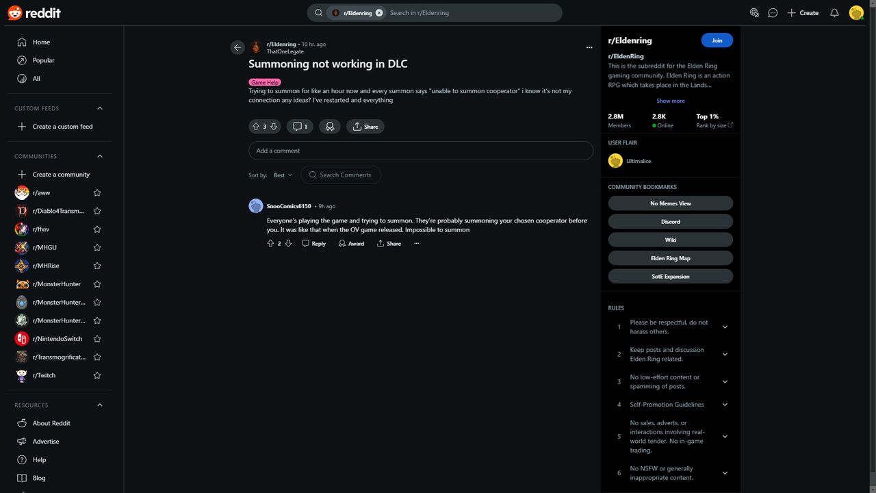 Reddit users reporting issues on Elden Ring DLC