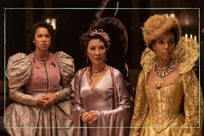 Sofia Wylie as Agatha, Michelle Yeoh as Professor Emma Anemone, and Kerry Washington as Professor Dovey in The School for Good and Evil