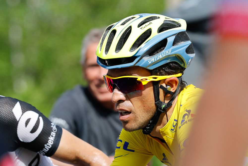 Alberto Contador at the finish of stage 2 at the Criterium du Dauphine