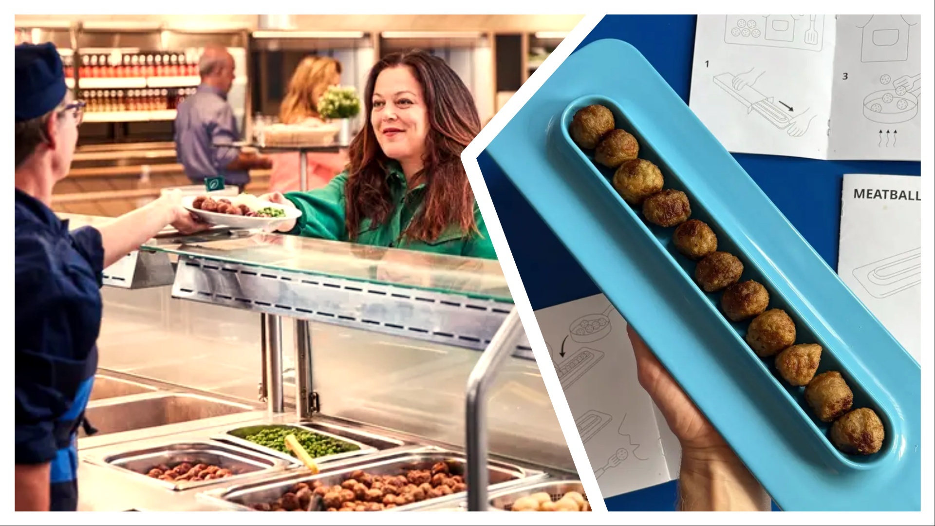 an image of someone getting meatballs in the ikea cafe spliced with a product image of the new meatball plate