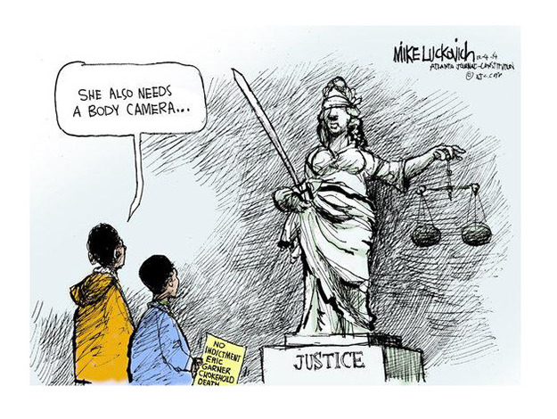 Editorial cartoon Lady Justice body camera