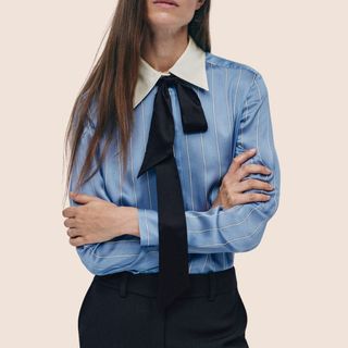 flay lay image of woman wearing a bow blue shirt 