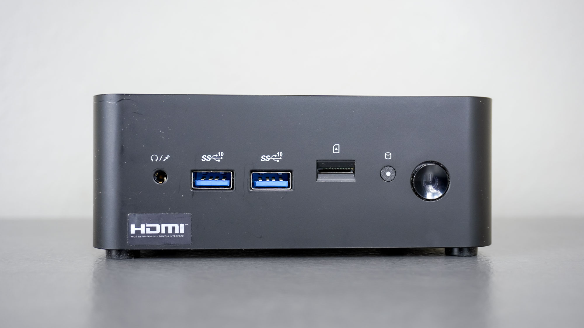 A close-up shot of the front ports of the MSI Cubi NUC 1M