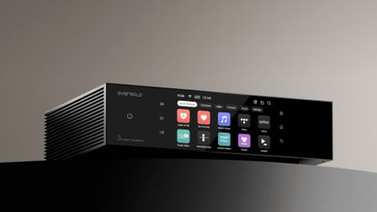 A promotional photo of the Eversolo T8 streaming transport taken from in front and slightly below with the touchscreen displaying app icons