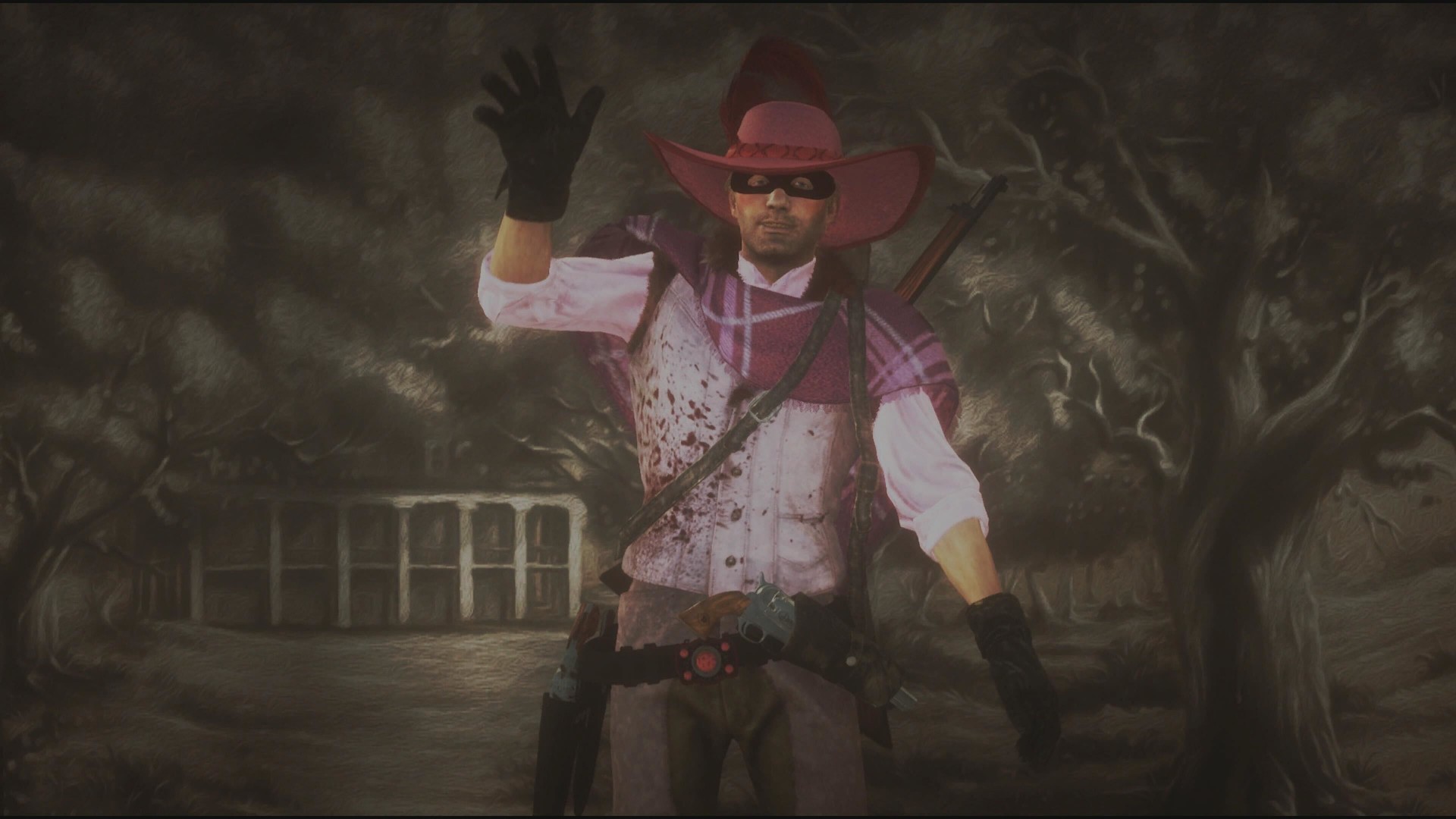 The legendary vigilante, the Puce Pamplemousse, waves to camera Red Dead Online