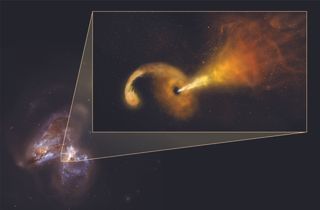 In the pair of colliding galaxies Arp 299, researchers spotted evidence of a supermassive black hole shredding a nearby star, pulling its debris into an orbiting disk and blasting a powerful jet of particles outward. The background photo is a view of the colliding galaxies from the Hubble Space Telescope; an artist's concept of the black hole system is pulled out.