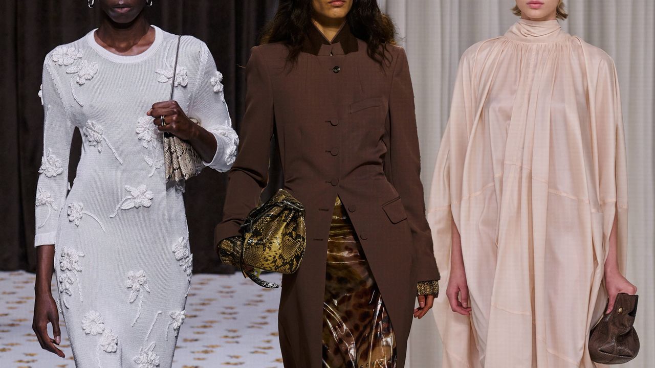 snakeskin purses shown in a collage of close photos of models walking down the runway shows of Ferragamo, Jil Sander and Dries Van Noten carrying python handbags