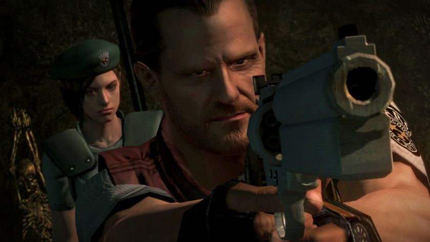 Resident Evil screenshot showing a stern bearded man pointing his gun straight ahead, a young woman in gear standing bheind him