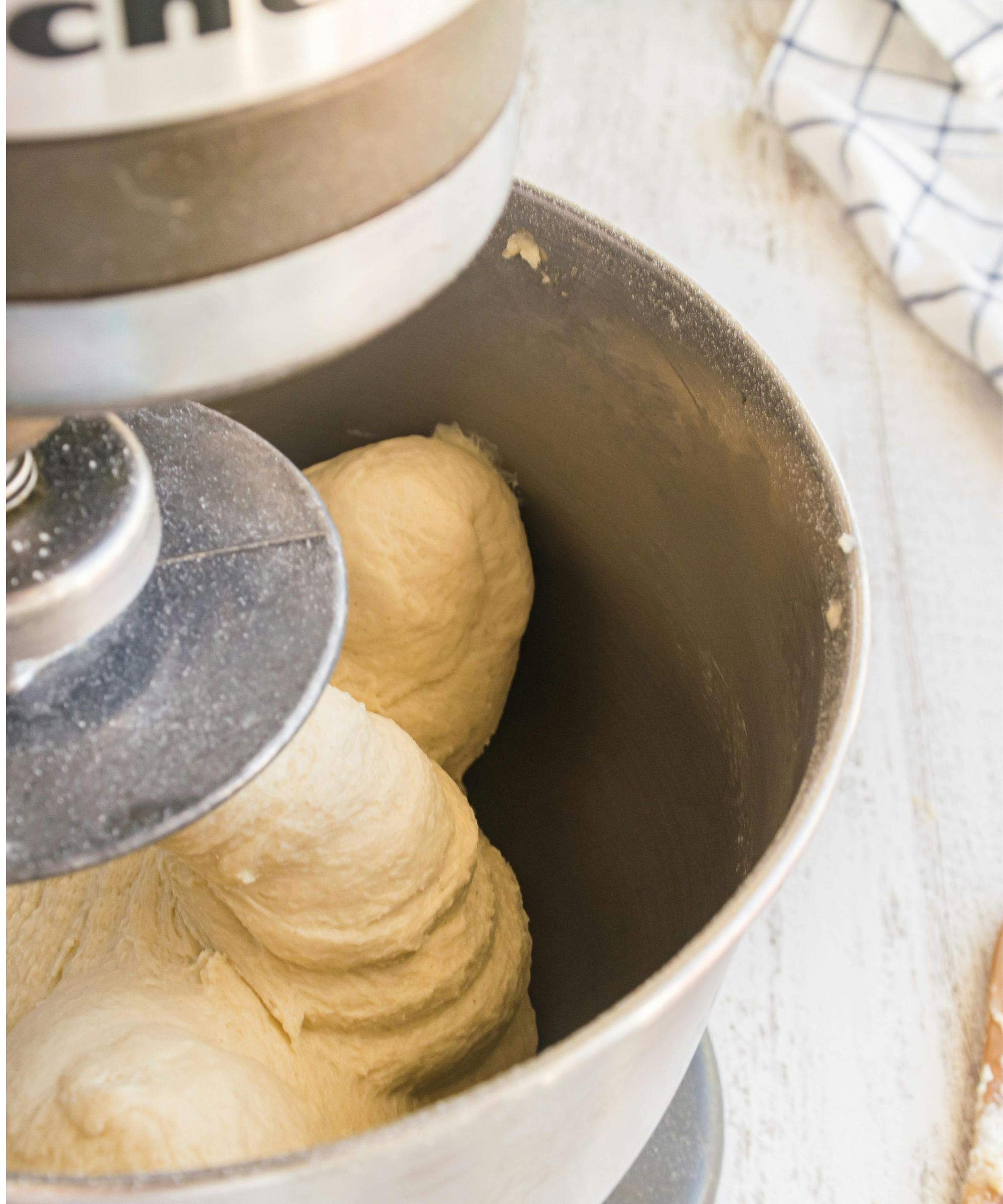 Dough being mixed in a KitchenAid stand mixer