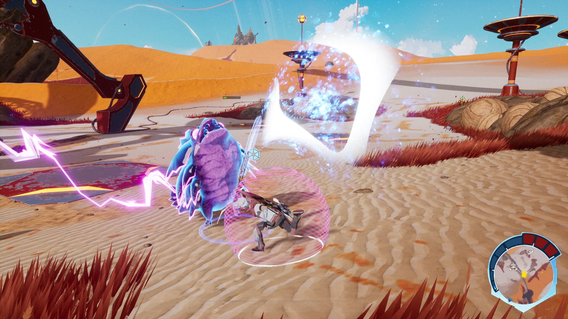 Star Overdrive screenshot of protagonist Bios fighting against a beetle-like creature with his keytar