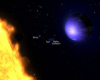 This illustration shows a "hot Jupiter" planet known as HD 189733b orbiting its star, HD 189733. The NASA/ESA Hubble Space Telescope measured the actual visible light color of the planet, which is deep blue. Image released July 11, 2013.
