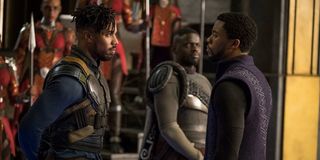 Michael B. Jordan as Erik Killmonger and Chadwick Boseman as T'Challa in Black Panther (2018)