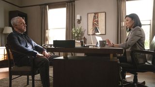 Titus Welliver and Mimi Rogers sit across a desk in Bosch: Legacy
