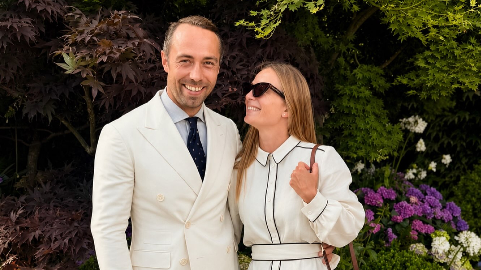 Alizee Thevenet wears French brands Sezane and Longchamp at the Wimbledon Women's Singles Final, posing with husband James Middleton who wears a cream suit