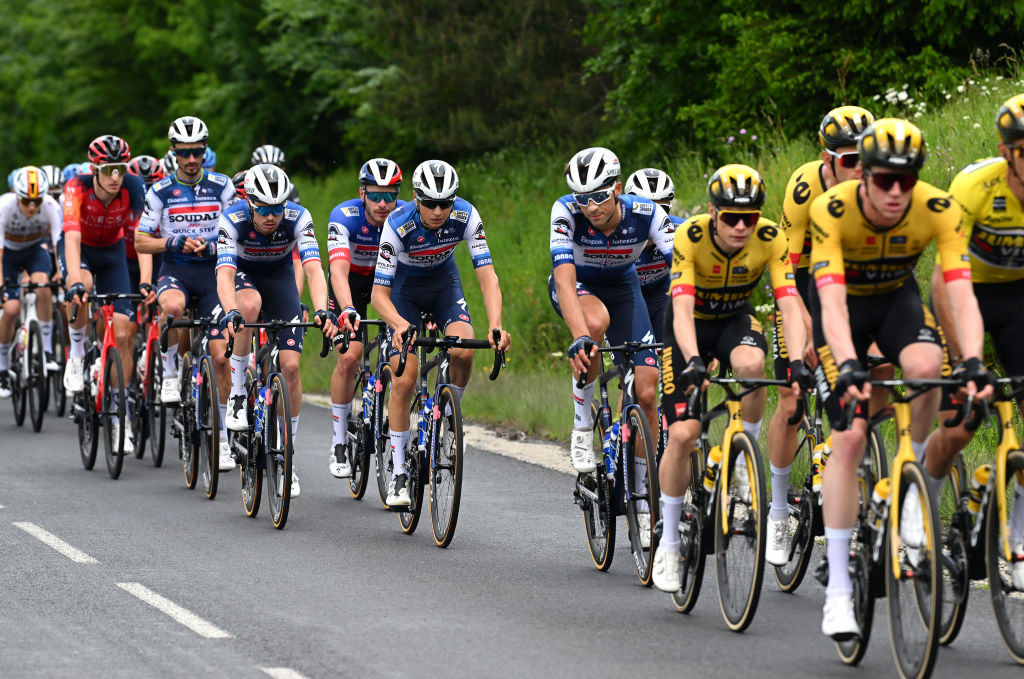 LA CHAISEDIEU FRANCE JUNE 05 LR Rmi Cavagna of France Mauri Vansevenant of Belgium and Ethan Vernon of The United Kingdom and Team Soudal Quick Step compete during the 75th Criterium du Dauphine 2023 Stage 2 a 1673km stage from BrassaclesMines to La ChaiseDieu 1080m UCIWT on June 05 2023 in La ChaiseDieu France Photo by Dario BelingheriGetty Images