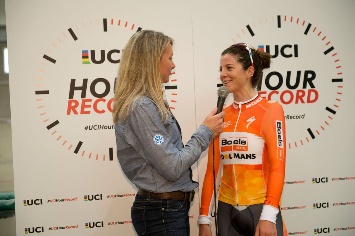 Evelyn Stevens in media mode at her Hour Record attempt