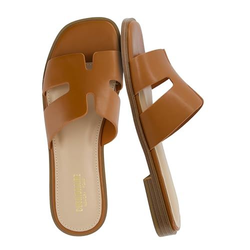 Cushionaire Voyage Cutout Strap Slides for Women, Slip on Summer Flats, Trendy Footwear, Memory Foam Vegan Leather Comfortable Vacation Style Sandals 2026, Whiskey 8